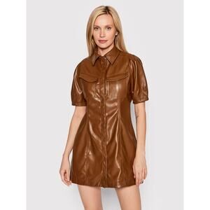Noisy May | Brown Vegan Leather Button-Up Short Sleeve Shirt Dress Medium